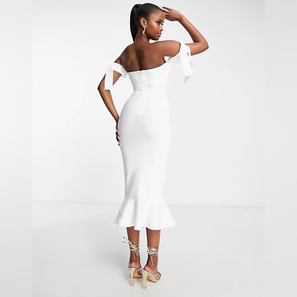 Rare London off shoulder bandage midi dress in white.
